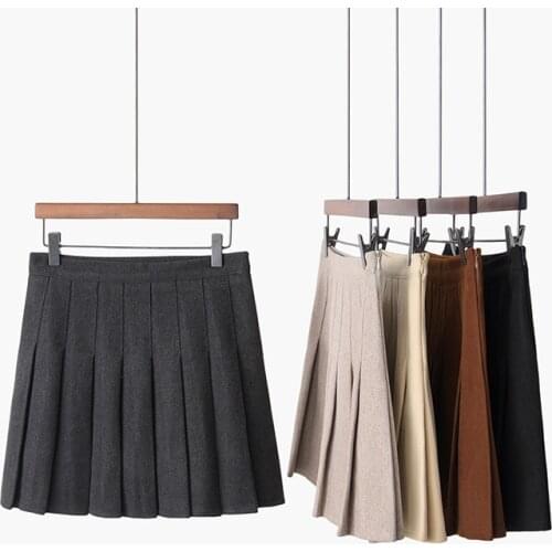 Women High Waist Pleated Skirts Lady Fall / winter School Dress A Word High Quality Wool Mini Skirts For Girls With Safety Pants