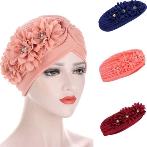 Womens Headscarf Daily Solid Color Wrap Head Scarfs Flowers Pearl Muslim Headdress Headscarf Simple Breathable Hair Scarf
