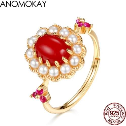 Anomokay Vintage Luxury Adjustable Full of Pearl Gold Color Rings for Women Mom Gift Real Sterling 925 Silver Oval Flower Ring