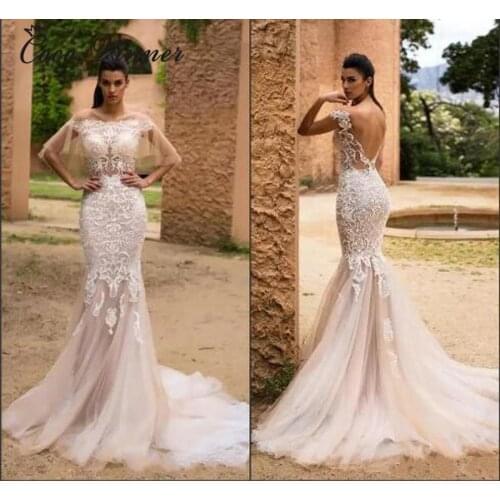 Boat Neck Sexy Backless Illusion Europe Mermaid Wedding Dress Embroidery Appliques Plus Size Champagne Wedding Gown W0308