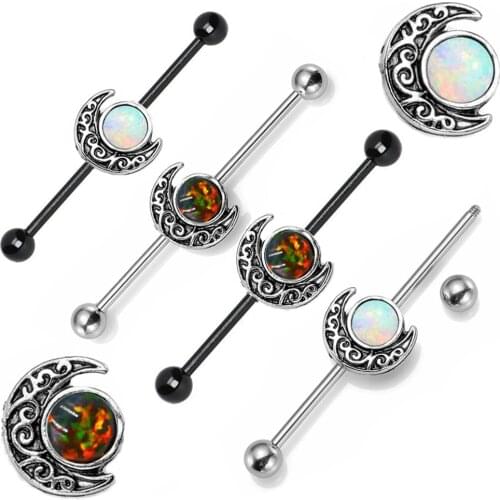 1 Set Surgical Steel Moon Opal Circle Industrial Barbell Bar Earring Charming Body Piercing Jewellery 14g/1.6mm 34mm 36mm 38mm
