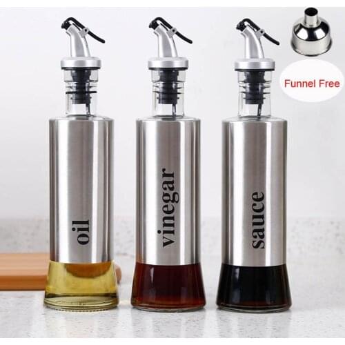 3pcs/set 300ML Dispenser Bottle with Funnel Home Kitchen Stainless Steel Oil Pour Dispensing Bottles Oil Vinegar Sauce Bottle
