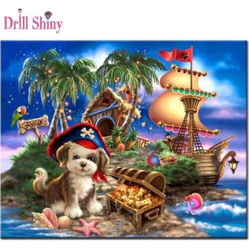 5DDIY Diamond Painting dog cartoon Mosaic Embroidery round crystals Cross Stitch kits Child Gifts Crafts Landscape sailboat