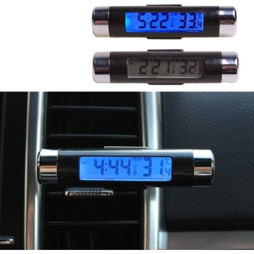 The K01 car uses an air outlet thermometer electronic clock two-clock LED number to display the thermometer blue backlight
