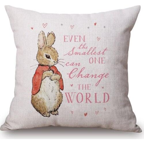 Lovely Rabbit Cushion Covers Cartoon Painting Pillow Case 45X45cm Beige Linen White Polyetser Sofa Decoration