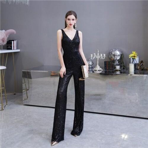 Black V-neck Sequin Jumpsuit party dress elegant custom Jumpsuit