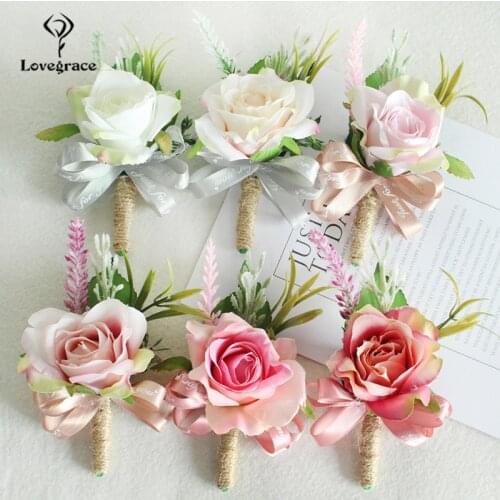 Artificial Flowers Buttonhole Wedding Groom Boutonniere Corsage Bracelet Bridesmaid White Pink Silk Flowers Brooch Marriage Pins
