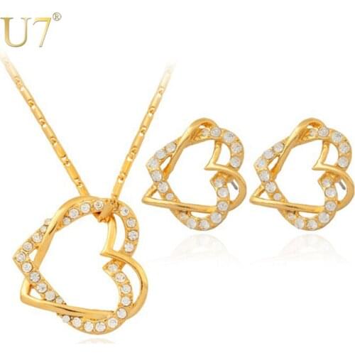 U7 Romantic Gift Heart In Heart Necklace Earrings Set For Women Gold Color Rhinestone Fashion Jewelry Sets S3152