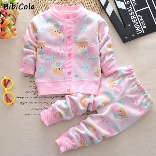 Girls Boys Suit Fall Baby Clothing Sets Winter Knitting Sweater Coat Pants Infant Boys Knit Tracksuits Add Velvet To Keep Warm