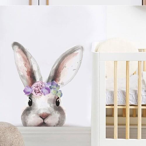 Bunny With Flowers Wall Stickers For Kid Room Baby Room Decoration Wall Decals Room Interior Beautification Decoration Removable