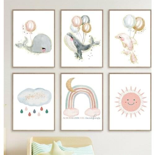 Cartoon Whale Dolphin Clouds Rainbow Sun Wall Art Canvas Painting Nordic Posters And Prints Wall Pictures Baby Kids Room Decor