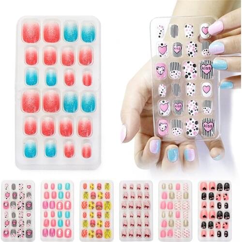24PCS Fake Nails Press on Nails Children Candy False Nail Tips Cartoon Full Cover Art for Little Girls Manicure Tool