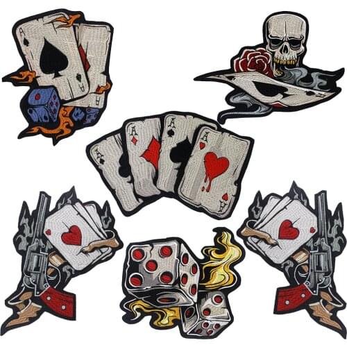 Punk Rock Skull Gun Poker Dice Patches Biker Iron on Embroidered Motorcycle for Clothes Stickers Jacket DIY Stickers Badges 2pc