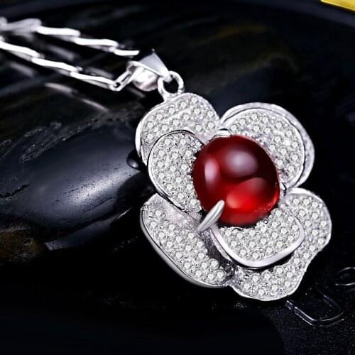Natural Garnet Pendant Necklace 925 Sterling Silver Camellia Rose Lady Woman Fine Elegant jewelry Love Birthstone Valentine Gift