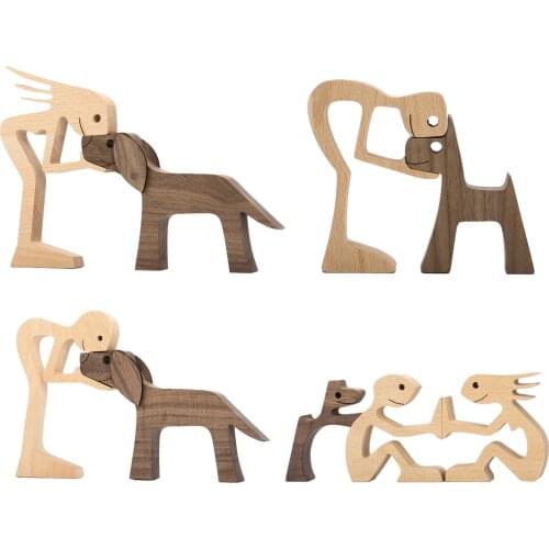 Puppy Family Wood Dog Carving Ornaments Gifts Decoration Home Decor Figurine Desktop Table Ornament Sculptures For Dog Pet Lover