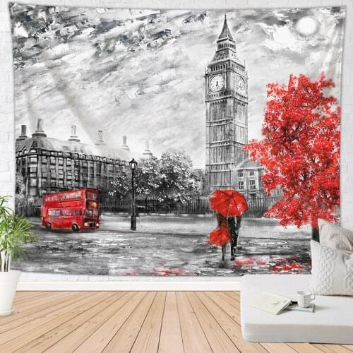 Art Painted Wall Tapestry Aesthetic Building Picture Floral Courtyard Tree Landscape Hanging Wall Cloth Dorm Wall Decor Backdrop