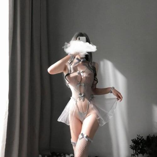 Japanese Lolita Women Sexy Lace Lingerie See-through Hollow Out Backless Nightdress Erotic Costumes Babydoll Bodysuit Underwear