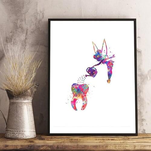 Dental Art Tooth Fairy Canvas Painting Water color Wall Art Poster Hygienist Canvas Print Teeth Wall Pictures Clinic Decor