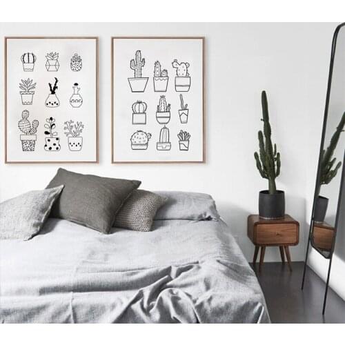 Succulent Plants Cactus In Retro Pots Canvas Art Print Painting Poster , Hand Drawn Pot Plant Wall Pictures Home Decoration