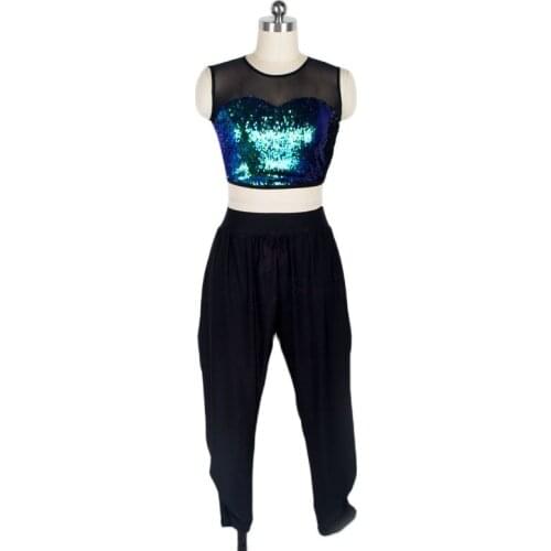 Multicoloured Sequin & Black Mesh Dance Top and Black Pants for Jazz and Tap Dance Performance Costume Set 18201