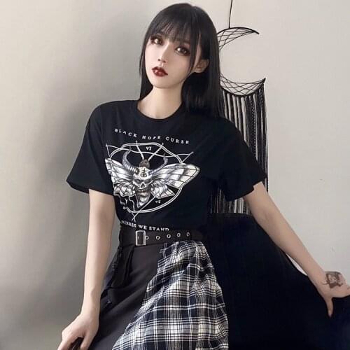 Demon Satan dark personality butterfly skull Harajuku Top Summer casual loose women streetwear Ulzzang Letter print chic T-shirt