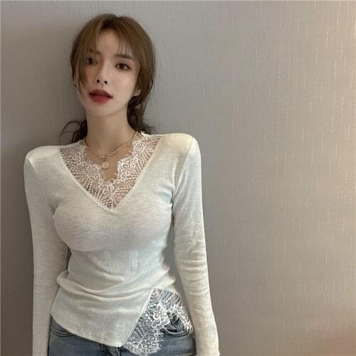 Women Cotton Casual Patchwork Lace T-shirt Long Sleeve Slim Mesh V-neck Elegance Tops Side Split T-shirt Female