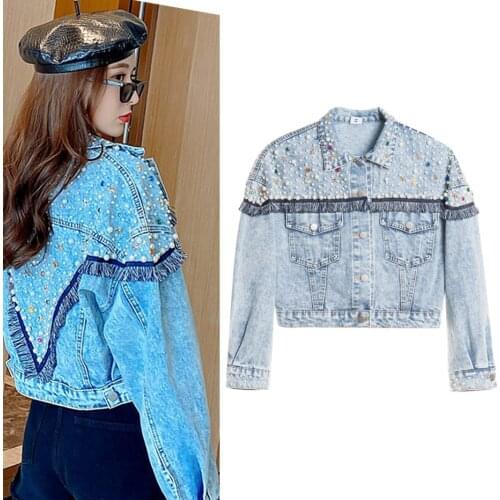 Women Streetwear Cool Washed Denim Jacket 2020 Autumn Tassel Diamonds Pearls Long Sleeve Female Short Coat Jean Outerwear Blue