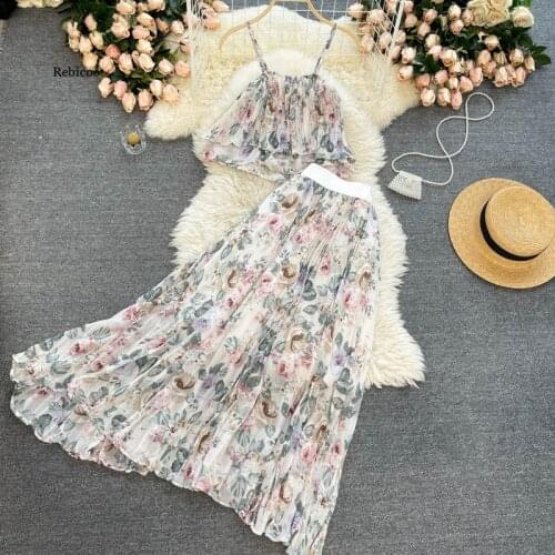 Summer Clothes For Women Holiday Beach Dress Suits Women Elegant Sling Short Top Pleated Mesh Skirt Floral Women 2 Pices Set