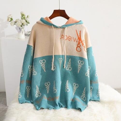 Womens Hooded Sweater Loose Style Pullover Double Color Matching Small Pattern Casual Fashion 2021 Autumnwinter New