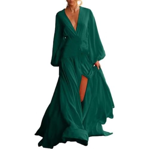 Elegant Women Maxi Dress Deep V-neck Long Puff Sleeve High Split Floor-Length Robe Casual Dresses Beach Party