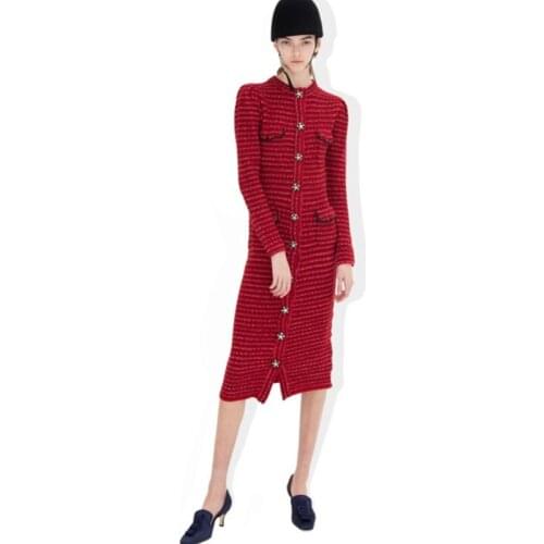 Luxury Christmas Women Red Sweater 2021 Autumn Winter Runway Single Breasted Pockets Midi Long Knitted Bodycon Dress