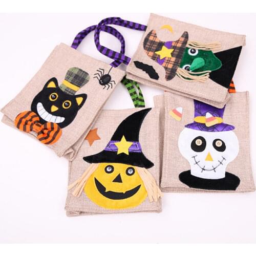 1Pc Halloween Decoration Candy Bags Children Linen Handbags Horror Pumpkin Witch Skull Black Cat Event Party Supplies Halloween