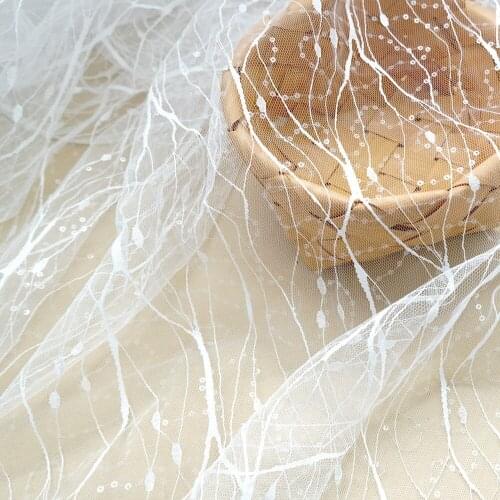 2020 fashionable ivory white sequined tulle mesh stripe embroidery lace fabric for clothes DIY material sewing dress bridal veil