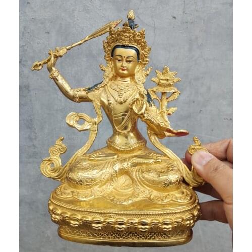 8.2" old Handpainted bronze gilt statue Buddha Sakyamuni Bodhisattva Manjushri