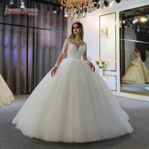 Robe De Mariee Full Beading Long Seeves Wedding Dress Puffy Ball Gown 2022