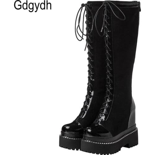 Gdgydh Hot Winter Boots Women Knee High Boots Flock Fashion Lace-Up Non-slip Black Platform Boots With Zipper Height Increasing