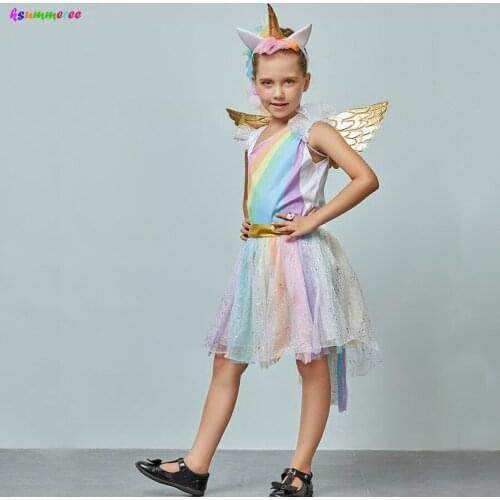 Girls Unicorn Costume Princess Kids Tutu Dress with Wing Headband for Prom Cosplay Halloween Clothes Rainbow Sequin Dresses
