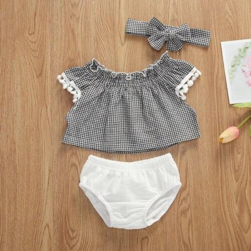 Summer Baby Girls Short Sleeve Tassels Casual Off-shoulder Plaid Print Vest+Shorts Headband