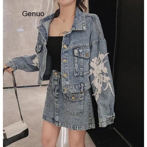Denim 2piece Set Women Embroidery Single Breasted Short Jackets+High Waist Mini Skirts Street Style Two Piece Pants Set Women