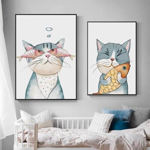 Cartoon Anime Poster Cute Animal Decoration Painting Cat Fish Poster Childrens Room Kindergarten Girl Room Canvas Painting
