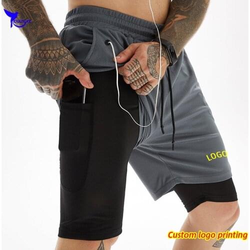 Custom LOGO Men 2 In 1 Running Shorts Jogger Gym Fitness Training Quick Dry Double-Deck Short Pants Summer Sport Workout Bottoms