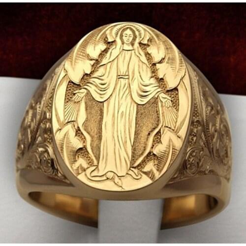 Popular Mens Gilded Noble Handmade Jewelry Virgin Mary Printed Tail Ring Bridegroom Engagement Wedding Ring Size 7-12