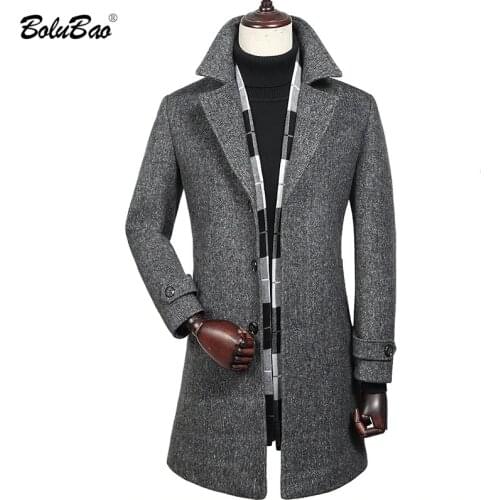 BOLUBAO Winter New Wool Blend Coats Mens Quality Brand Men Fashion Wool Coat Long Section Wool Blend Overcoat Male （With Scarf