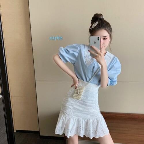 New Summer Womens 2 Piece Set Retro Embroidery Lacework Puff Sleeve Blue Shirt Top+White High Waist Lace Skirt Set Outfits