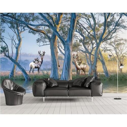 Beibehang Custom 3D Wallpaper European Sunny Forest Tree Elk Oil Painting Background Wall wallpaper for walls 3 d papel parede