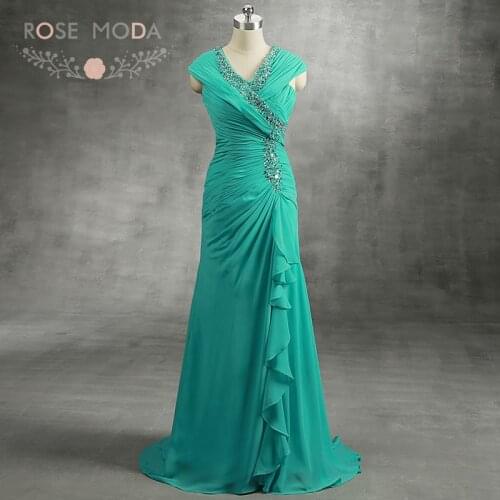 Stunning V Neck Floor Length Emerald Green Mother of the Bride Dress Crystal Beaded V Back Chiffon Formal Dresses Real Photos