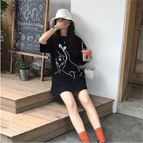 Women T-Shirt Short Sleeve Black White Basic Fund Loose Summer Student Cartoon Fashion Base Coat Jacket T-Shirt