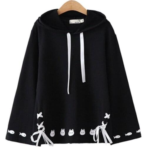 Merry Pretty Lace Up Sleeve Sweatshirt Women Harajuku Preppy Style Cat Fish Embroidery Cotton Hoodie Drawstring Hood Pullovers