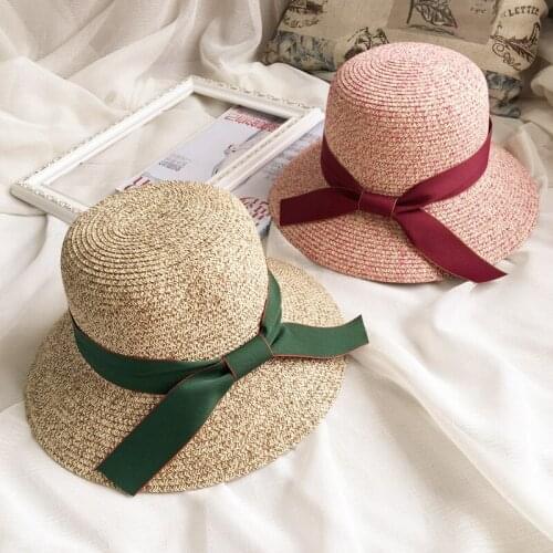 Womens Summer Straw Hat Beach Sun Hat Travel Ribbon Bucket Hat