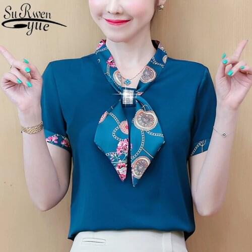 2021 Spring and Summer Leisure Short Sleeve Wild Chiffon Blouse Solid Printrd Bow Diamond-Shirt Clasical Blouse Women 9528